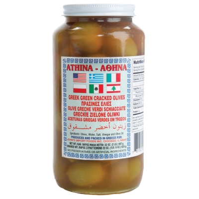 GREEK GREEN OLIVES CRACKED, SUPER MAMMOTH
